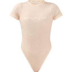 PrettyLittleThing Logo Short Sleeved Bodysuit - Off White